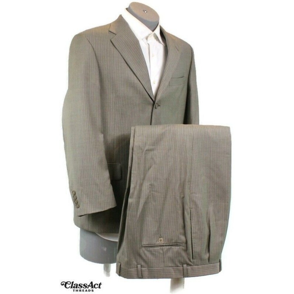 Austin Reed Mens 2 Piece Suit Tan Striped 3 Btn Wool 40R Pleated Fronts 34" W